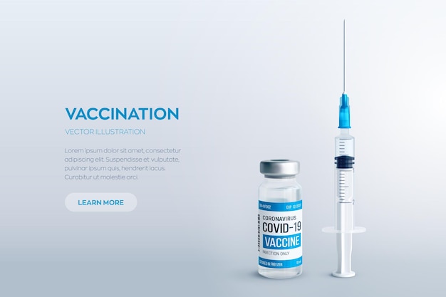 Covid19 coronavirus vaccine banner with medical glass vial with metal cap and syringe