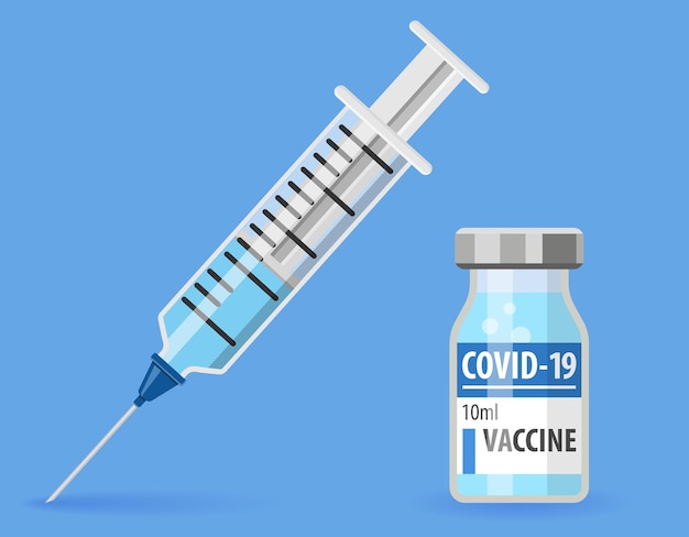 Covid19コロナウイルスワクチン注射器とワクチンバイアルフラットアイコンコロナウイルスcovid19の治療ワクチン接種までの時間孤立したベクトル図