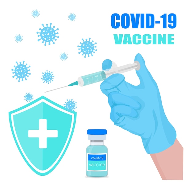 Covid19 코로나 바이러스 백신 주사기 및 백신 유리병 벡터 일러스트 레이 션