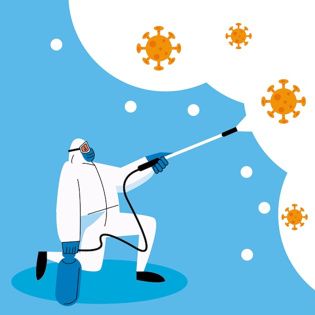covid19 disinfecting worker with spraying