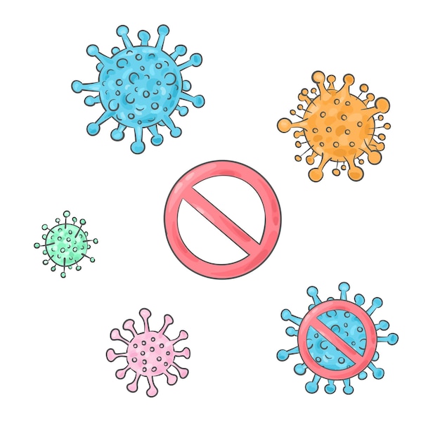 Бактерии Covid19 doodle Образец вируса Защита и лечение коронавируса Covid19 Медицинские каракули