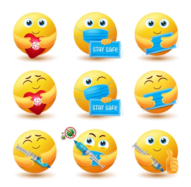 Vettore set di vettori emoji covid19 personaggi emoticon emoji 3d in espressioni sane e sicure per il soggiorno