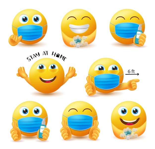 Linee guida covid19 emoji vector set personaggi emoticon 3d in linee guida sulla sicurezza covid come indossare