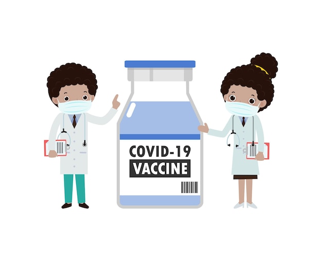Концепция вакцины против covid19 или коронавируса 2019ncov американская африканская команда врачей с вакциной
