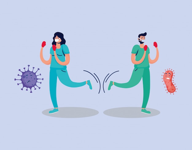 covid19 pandemic particles and doctors fighting