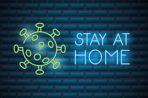 Covid19 particle with stay at home neon light label