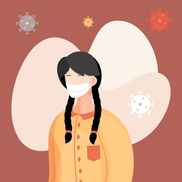 Vector covid19 portrait of woman in respiratory medical mask flying virus pathogen around spreading virus