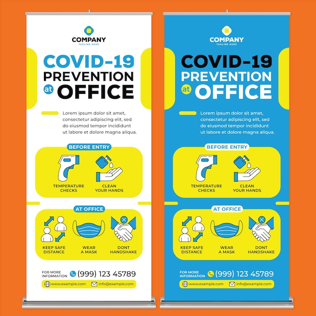 Covid19 prevention at office roll up banner print template in flat design style