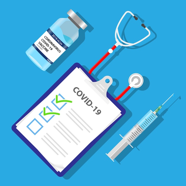 Covid19 task list vaccine plan Syringe and vaccine vial illustration vector