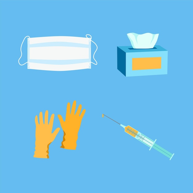 ベクトル covid19ワクチン接種アイテムワクチン付きシリンジは、青の保護のために手袋マスクを拭きます