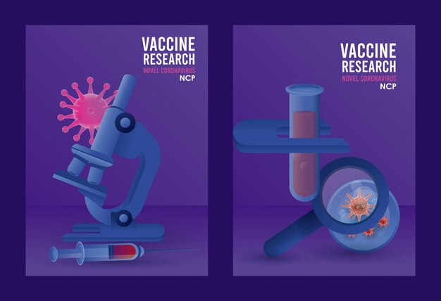현미경 및 돋보기 일러스트 디자인으로 Covid19 백신 검색