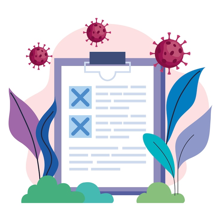 Vector covid19 virus particles with checklist in the camp