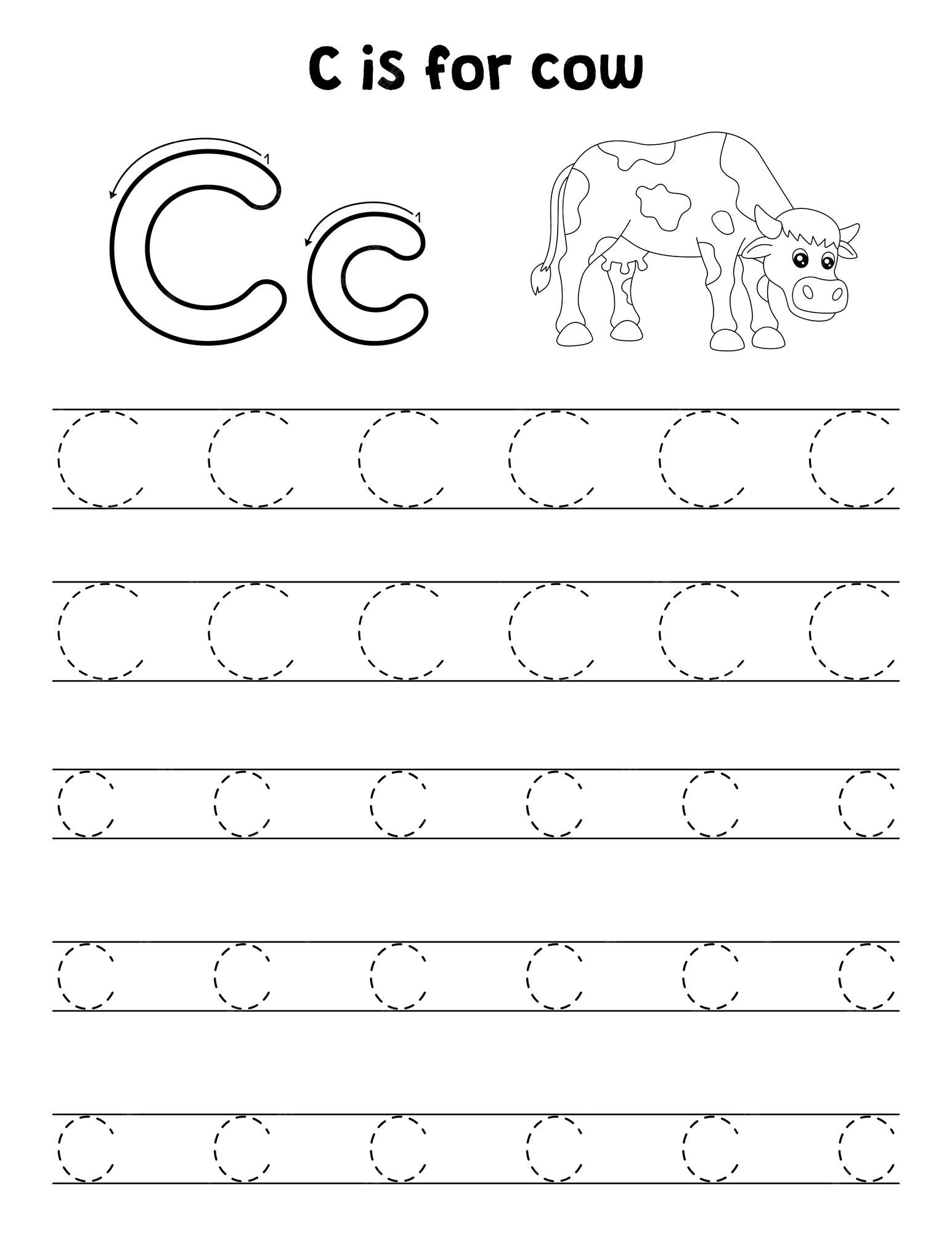 Premium Vector | Cow animal tracing letter abc coloring page c