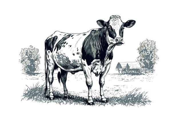 Cow animals and livestock Farm animal cow farm animal sketch Black color in sketch style Vector illustration