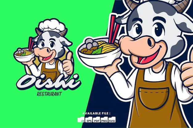 Vector cow chef mascot cartoon logo holding ramen