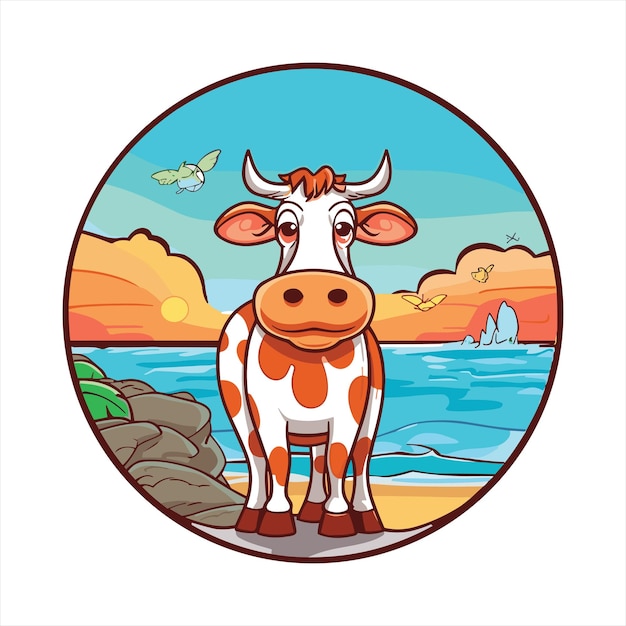 Cow Cute Funny Cartoon Kawaii Colorful Watercolor Beach Summer Animal Pet Sticker Illustration