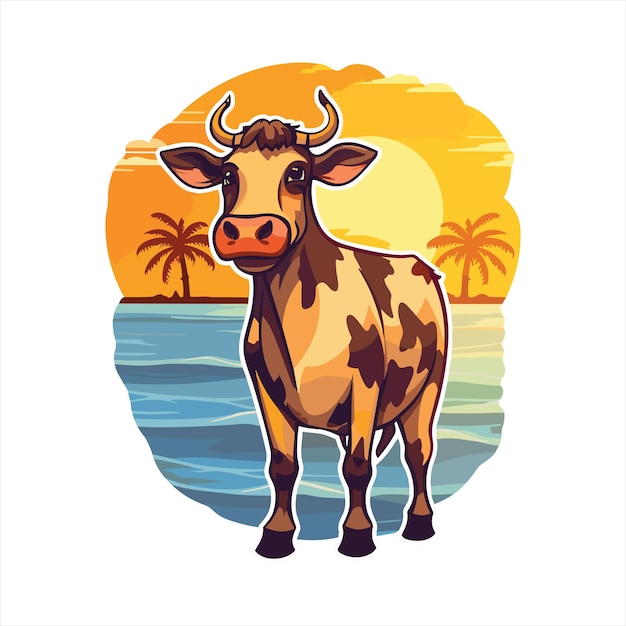 Cow Cute Funny Cartoon Kawaii Watercolor Beach Summer Sunset Animal Pet Sticker Illustration