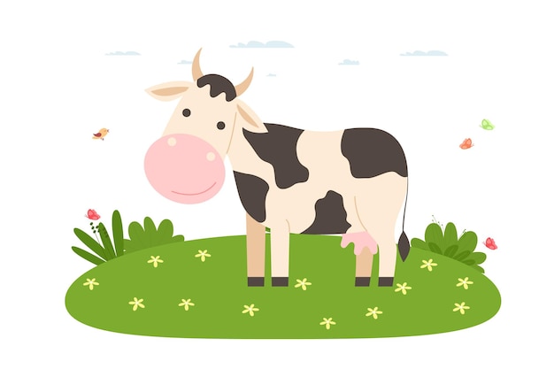 Cow. Domestic and farm animal. Cow is standing on the lawn. Vector illustration in cartoon flat style.