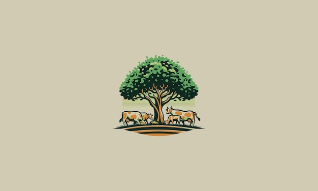 Mucca mangia erba sotto un grande albero vector logo design