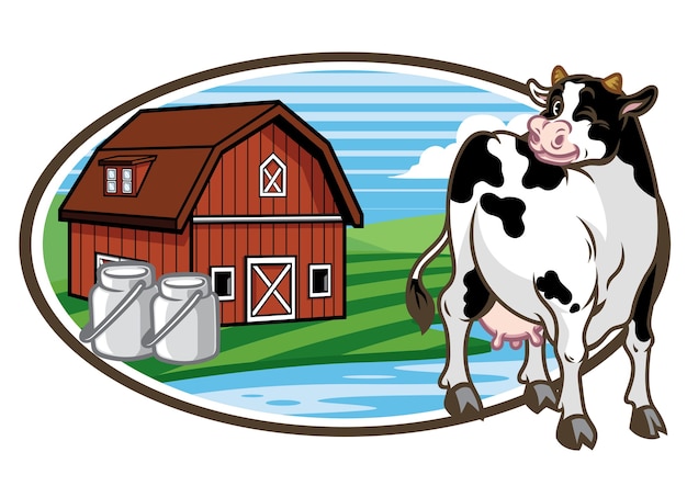 Vector cow and the farm land background