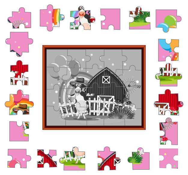 Vector cow in the farm photo jigsaw puzzle game template