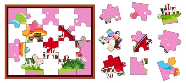 Vector cow farm photo jigsaw puzzle game template