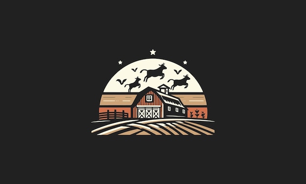 Vector cow farm on village vector logo design