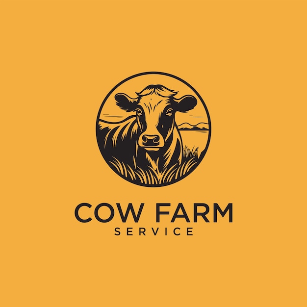 Vector cow farm with grass logo design