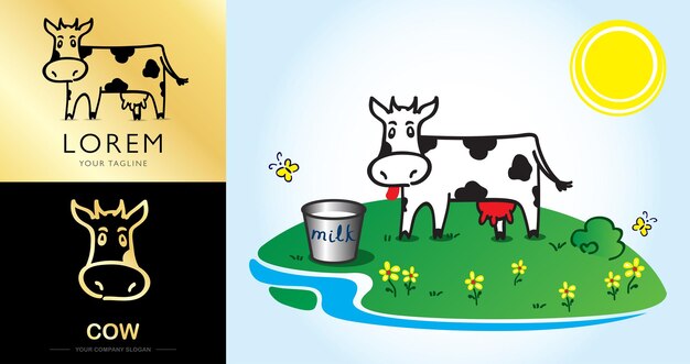 Vector cow funny cute logo icon emblem with cow with milk bucket vector illustration