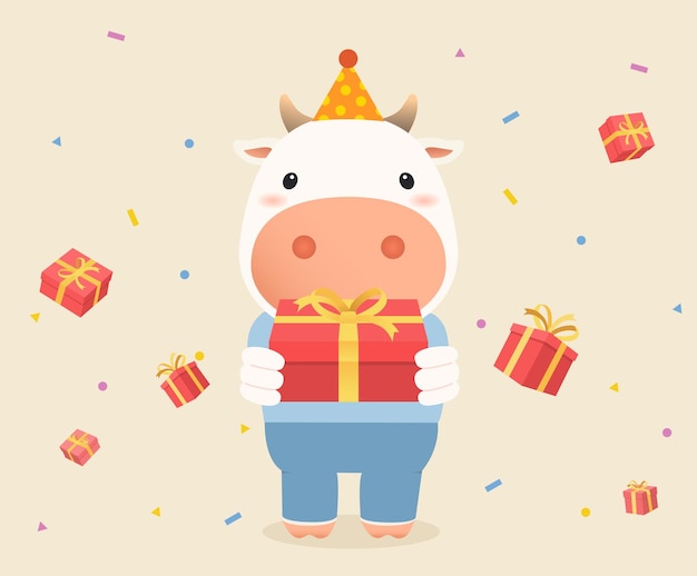 Una mucca fa un regalo per celebrare la festa del mercato del regalo del nuovo anno
