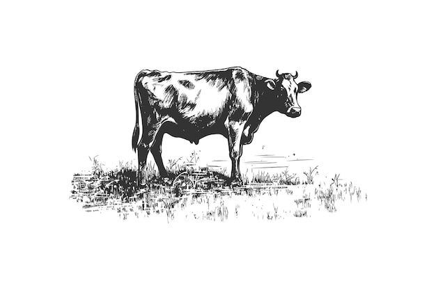 Cow grazing in the meadow retro hand drawn sketch vector illustration design