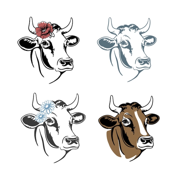 Vector cow head portrait with flowers set