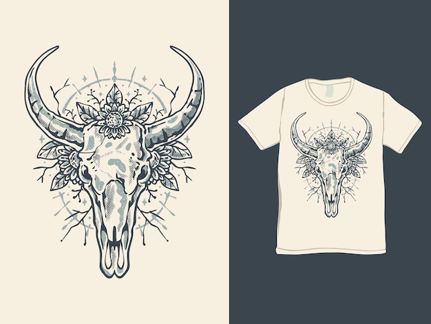 Vector cow head skull with flower tshirt design