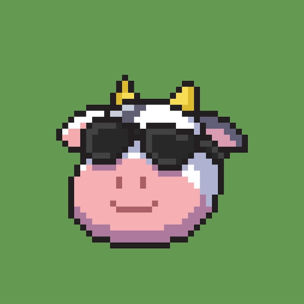 Testa di mucca con occhiali da sole in stile pixel art