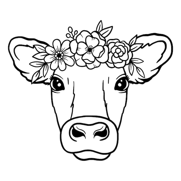 Cow head wreath of flowers Crown of flowers Outline cow head vector Cow Logo Farm Animal