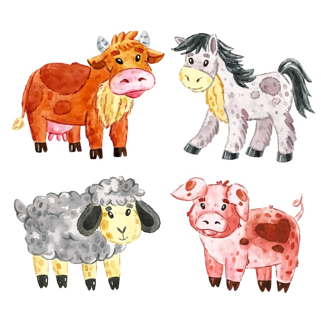 Корова, лошадь, овца, свинья. домашние животные фермы картинки, набор элементов. акварельные иллюстрации