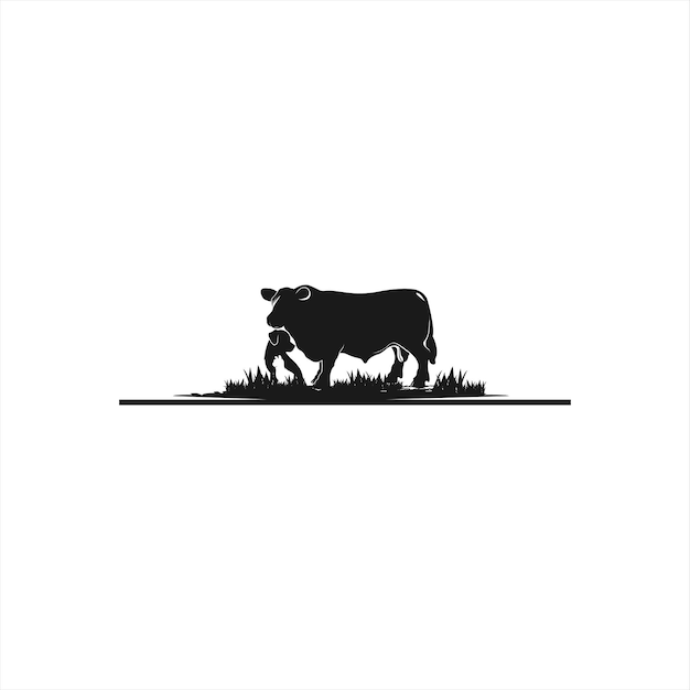 Vettore una mucca è in piedi in un campo con un vitello.