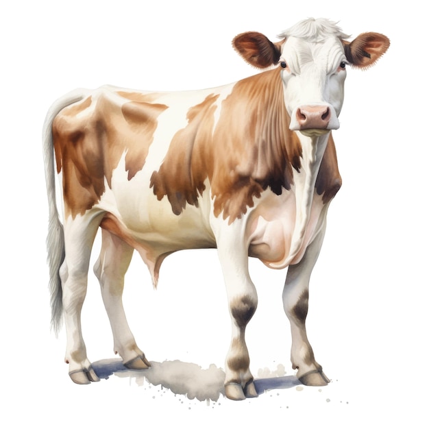 Cow isolated on white background Watercolor hand drawn illustration of brown cow