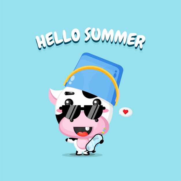 Cow mascot wearing a bucket hat with summer greetings