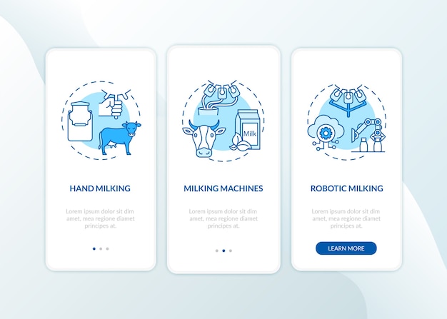 Cow milking blue onboarding mobile app page screen with concepts