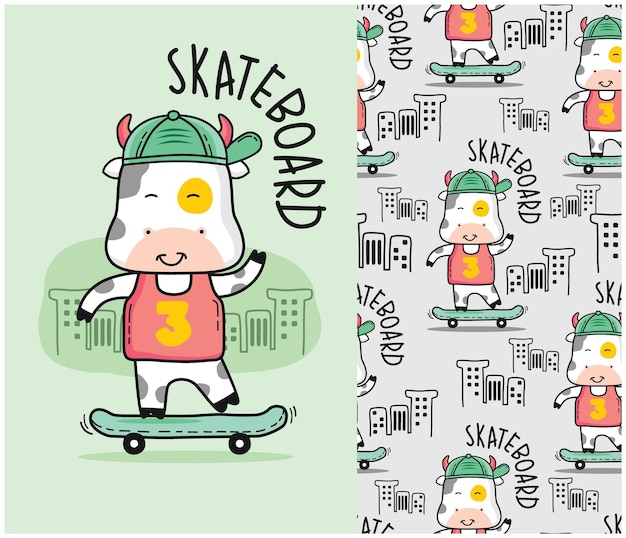 Cow playing skateboard with seamless pattern