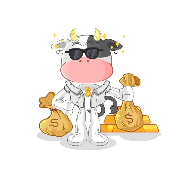 Cow rich character cartoon mascot vector