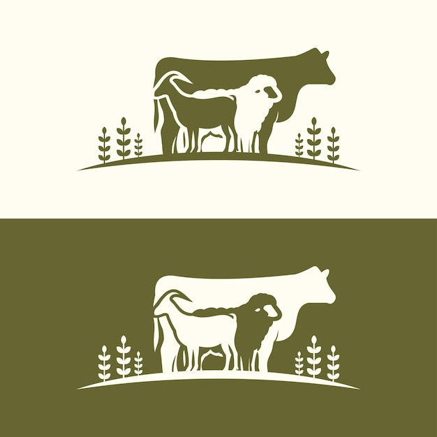 소, 양, 염소 농장 동물과 식물 풀 실루 터 일러스트레이션 가축 로고