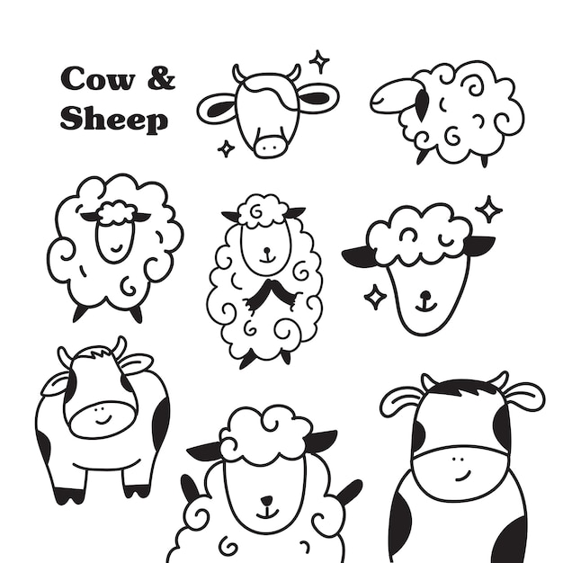 Vector cow and sheep illustration set with outlined style