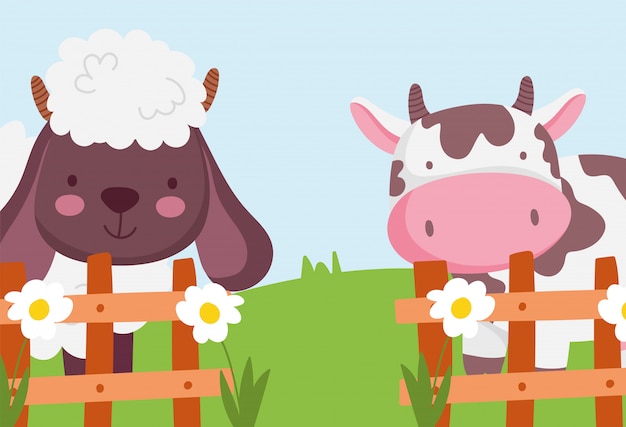 Vector cow and sheep the wooden fence flowers farm animals