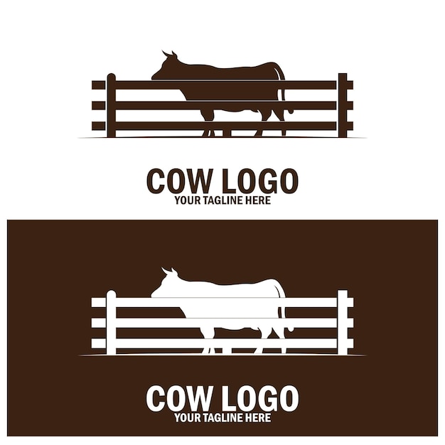 Cow silhouette behind wooden fence paddock for vintage retro rustic countryside western country farm ranch logo design