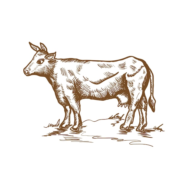 Cow sketch hand drawn vector illustration vintage drawing in brown color design for eco farm products decoration