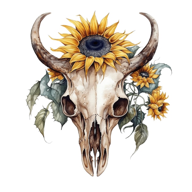 Cow Skull and Flowers in Watercolor Boho