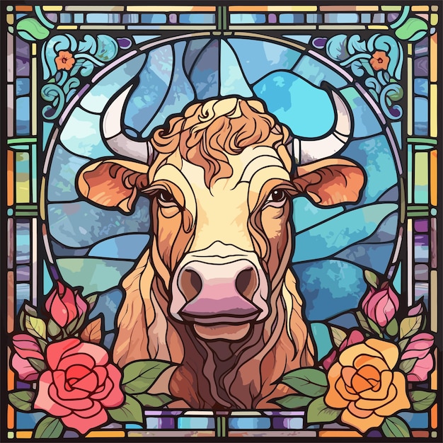 cow standing in front of a stained glass window farm landscape