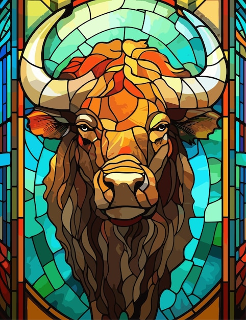 Vector cow standing in front of a stained glass window farm landscape